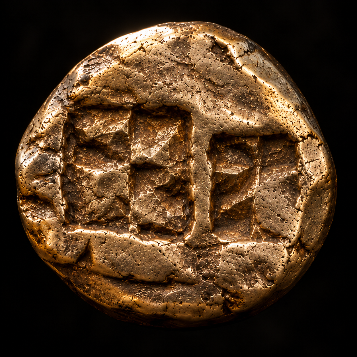 Digital reverse of CS 001 with two irregular recessed punch marks in warm electrum