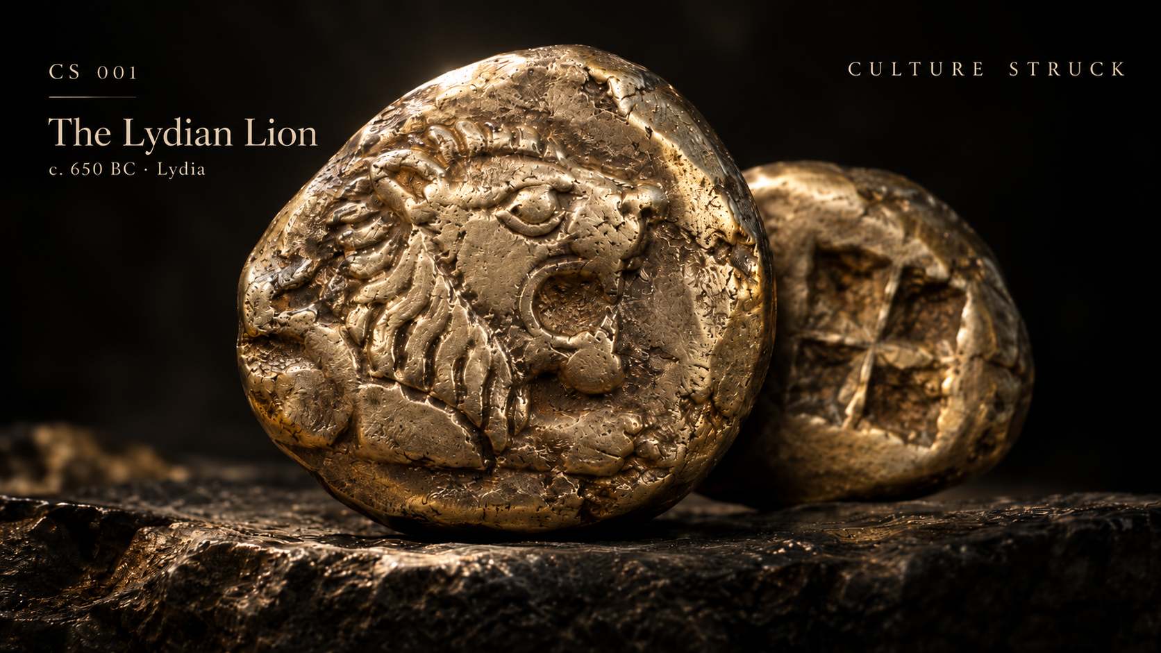 A contemporary digital interpretation of an irregular electrum coin with a deeply struck lion relief